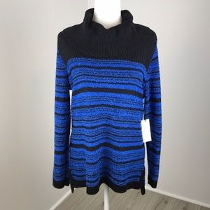 Calvin Klein Black and Blue Striped Cowl Neck Sweater